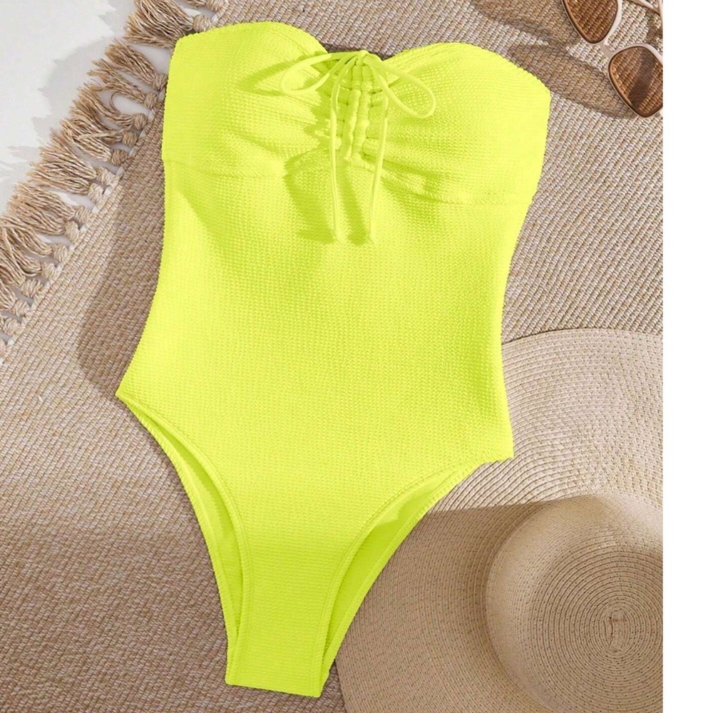 Women's XL Neon Yellow One-Piece Strapless Swimsuit With Drawstring, Bathing Su
